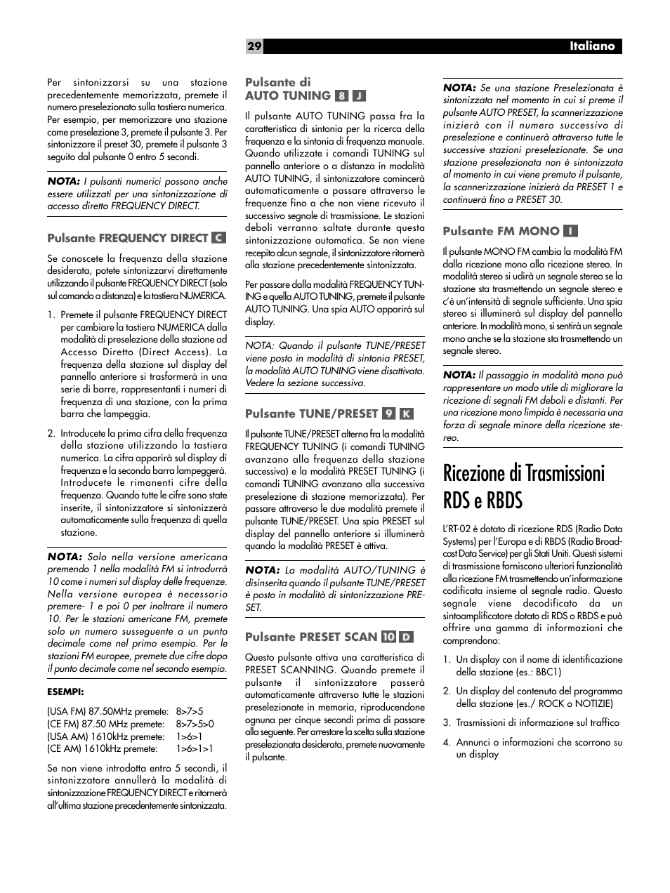Pulsante frequency direct, Pulsante di auto tuning, Pulsante tune/preset | Pulsante preset scan, Pulsante fm mono, Ricezione di trasmissioni rds e rbds | ROTEL RT-02 User Manual | Page 29 / 54