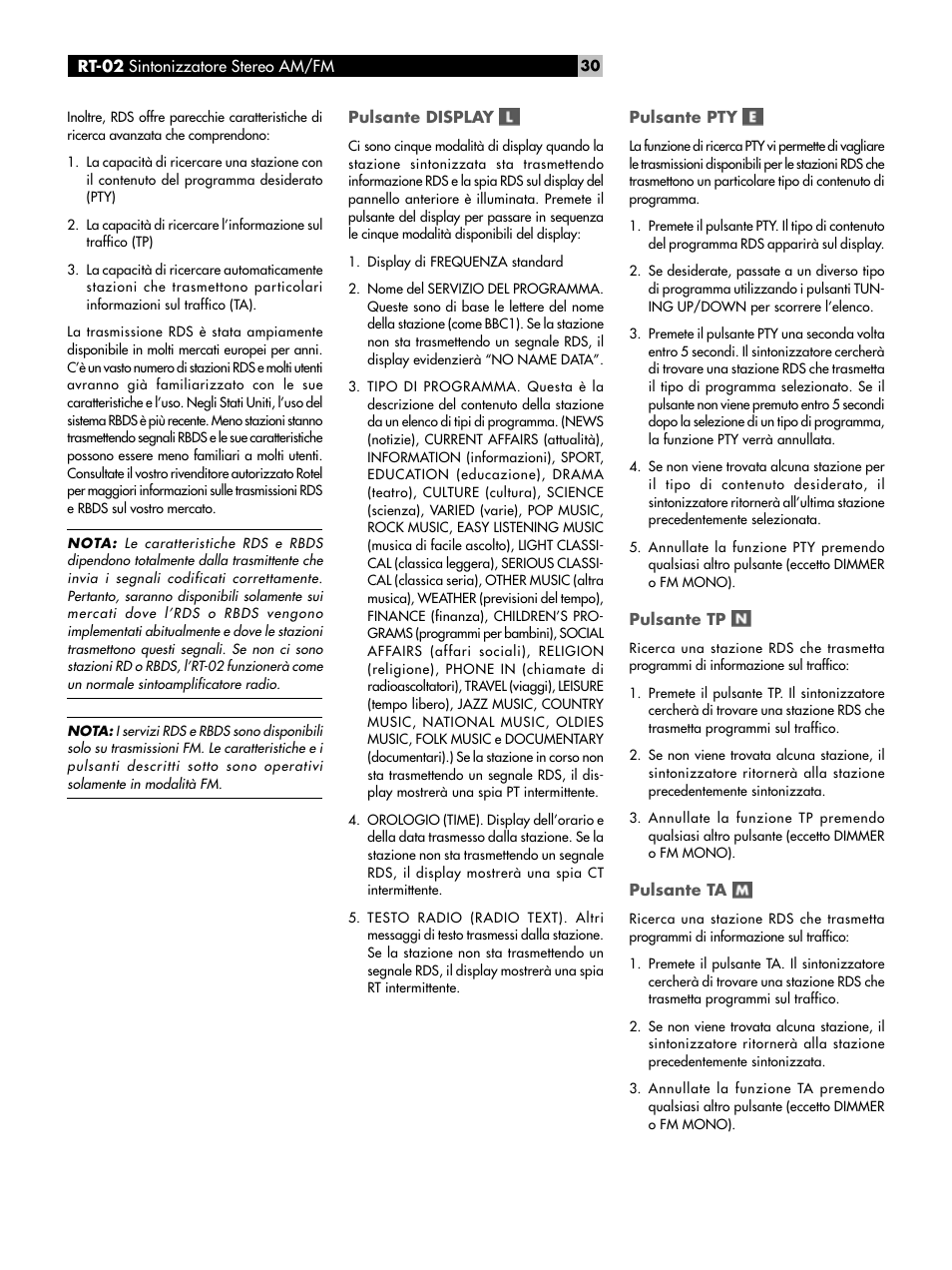 Pulsante display, Pulsante pty, Pulsante tp | Pulsante ta | ROTEL RT-02 User Manual | Page 30 / 54