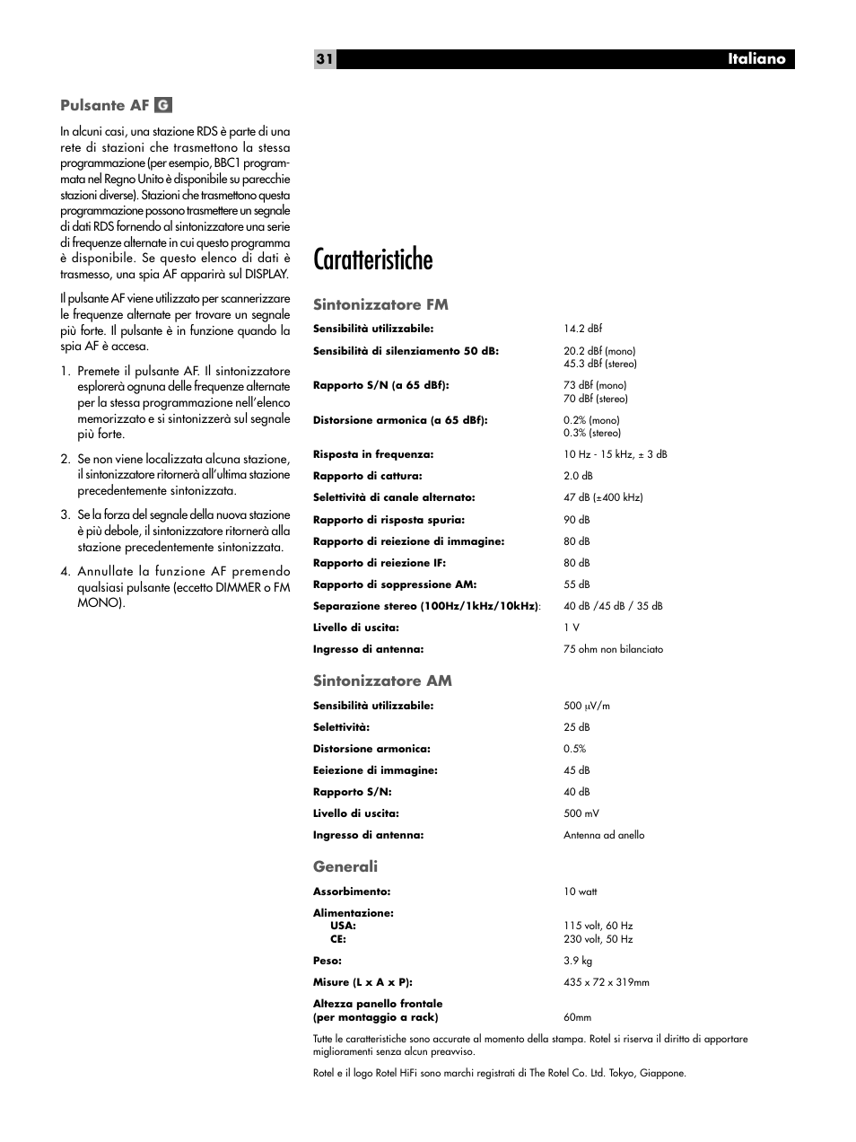 Pulsante af, Caratteristiche, Sintonizzatore fm | Sintonizzatore am, Generali, Italiano pulsante af | ROTEL RT-02 User Manual | Page 31 / 54