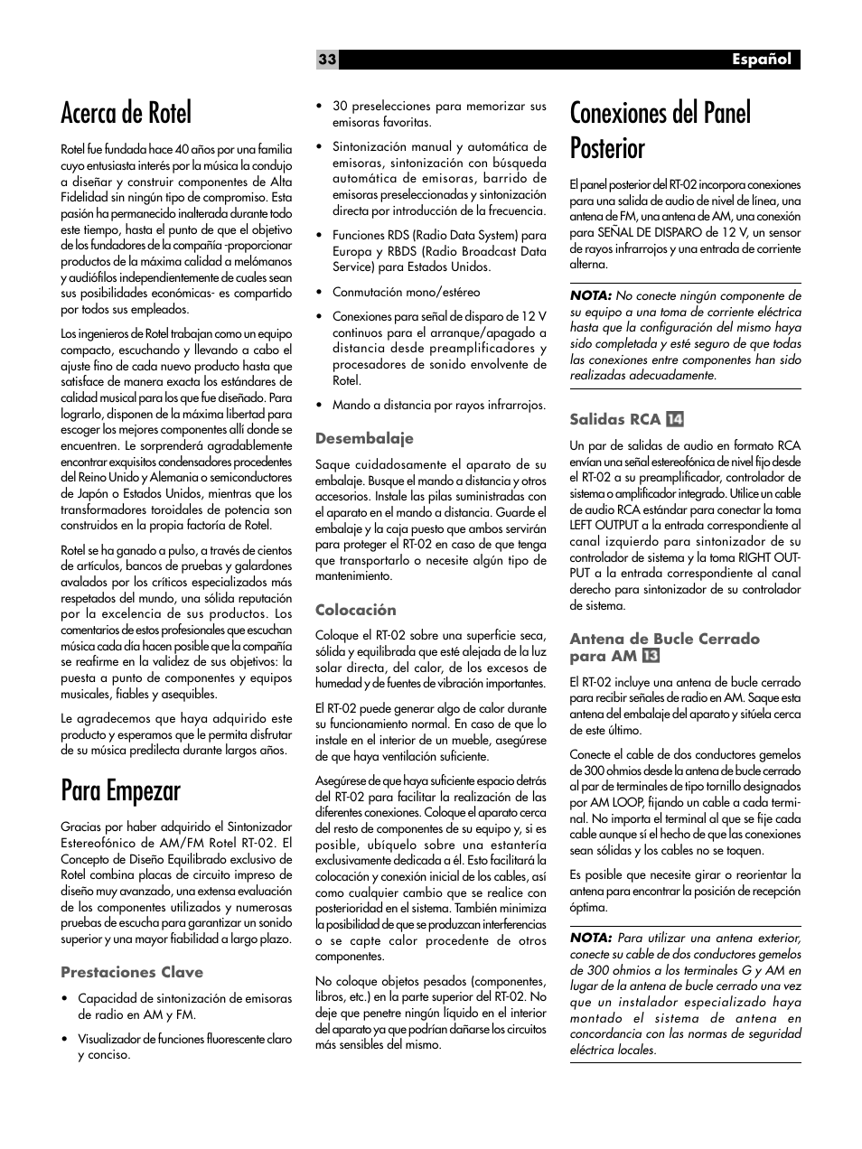 Para empezar, Prestaciones clave, Desembalaje | Colocación, Conexiones del panel posterior, Salidas rca, Antena de bucle cerrado para am, Acerca de rotel, Para empezar prestaciones clave, Conexiones del panel posterior salidas rca | ROTEL RT-02 User Manual | Page 33 / 54
