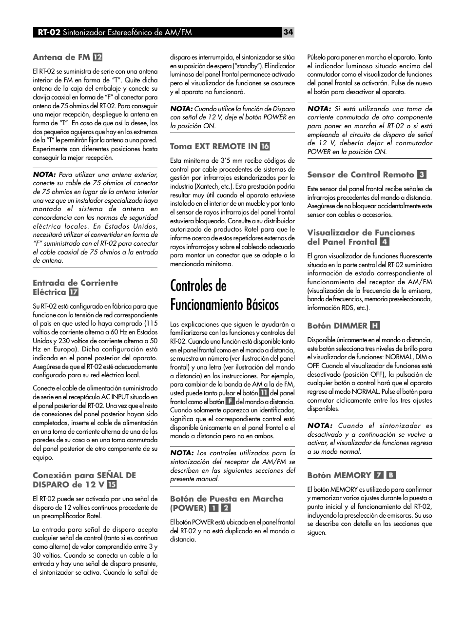 Antena de fm, Entrada de corriente eléctrica, Conexión para señal de disparo de 12 v | Toma ext remote in, Controles de funcionamiento básicos, Botón de puesta en marcha (power), Sensor de control remoto, Visualizador de funciones del panel frontal, Botón dimmer, Botón memory | ROTEL RT-02 User Manual | Page 34 / 54