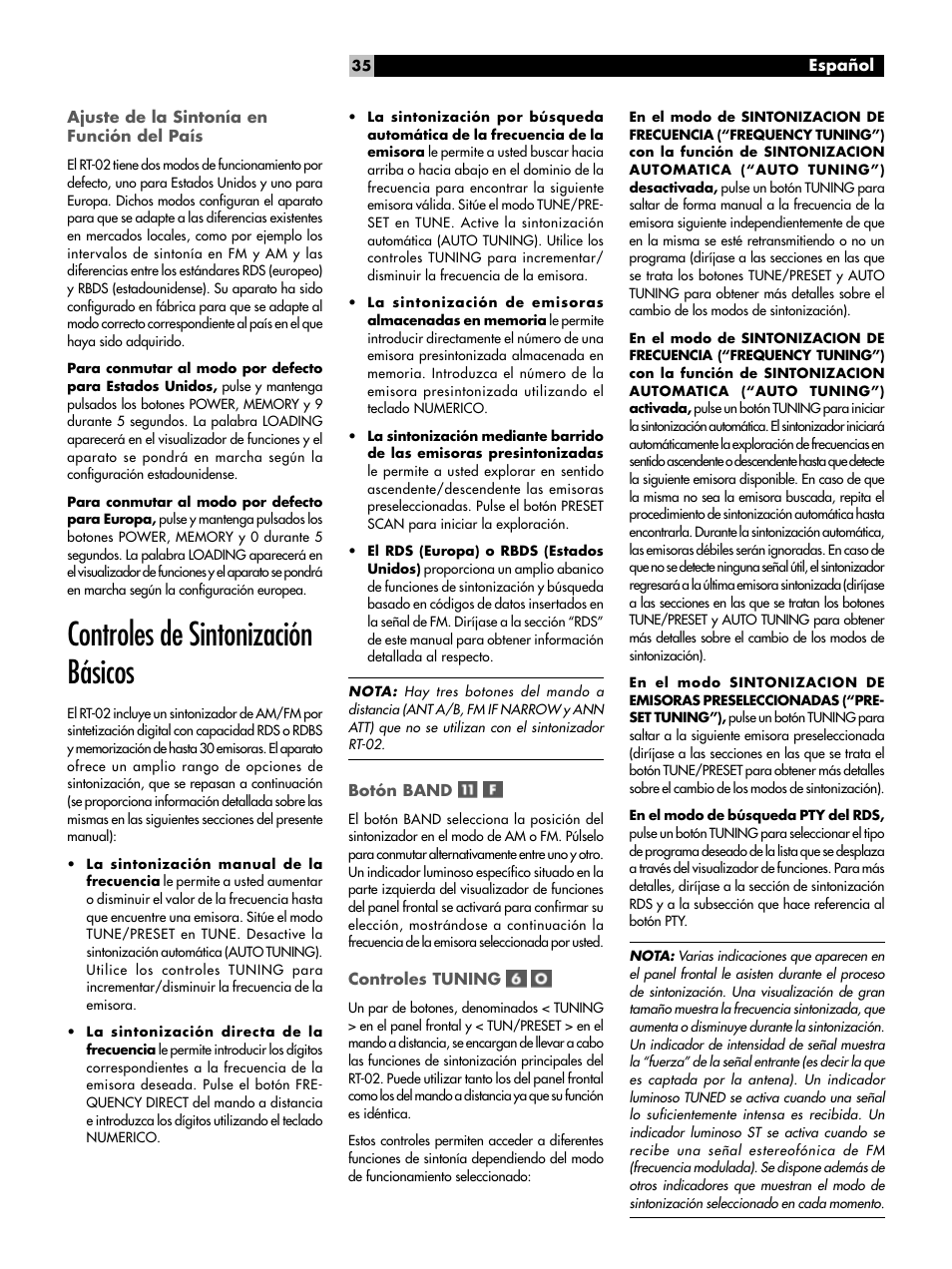 Ajuste de la sintonía en función del país, Controles de sintonización básicos, Botón band | Controles tuning, Controles de sintonización básicos botón band | ROTEL RT-02 User Manual | Page 35 / 54