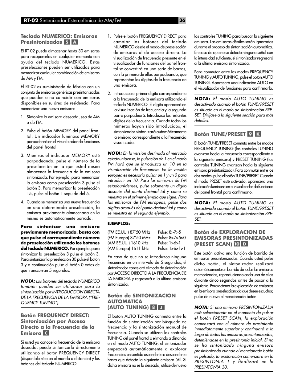 Teclado numerico: emisoras presintonizadas, Botón de sintonizacion automatica (auto tuning), Botón tune/preset | ROTEL RT-02 User Manual | Page 36 / 54