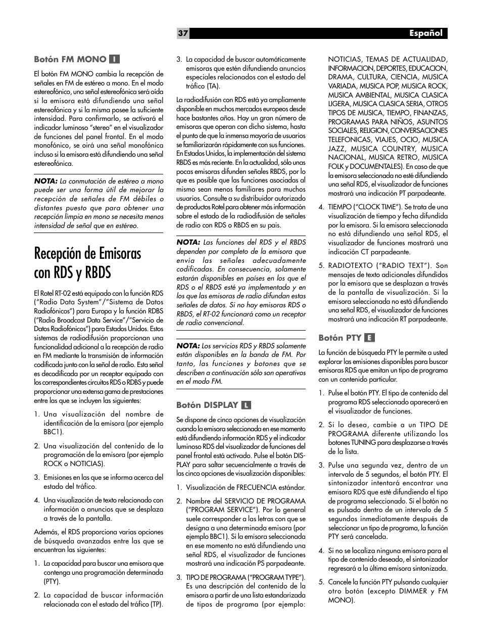 Botón fm mono, Recepción de emisoras con rds y rbds, Botón display | Botón pty, Recepción de emisoras con rds y rbds botón display | ROTEL RT-02 User Manual | Page 37 / 54