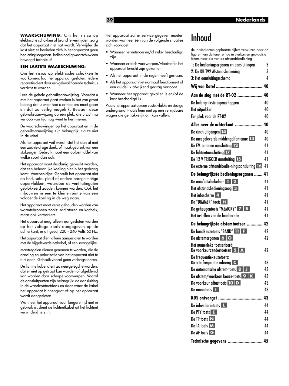 Inhoud | ROTEL RT-02 User Manual | Page 39 / 54