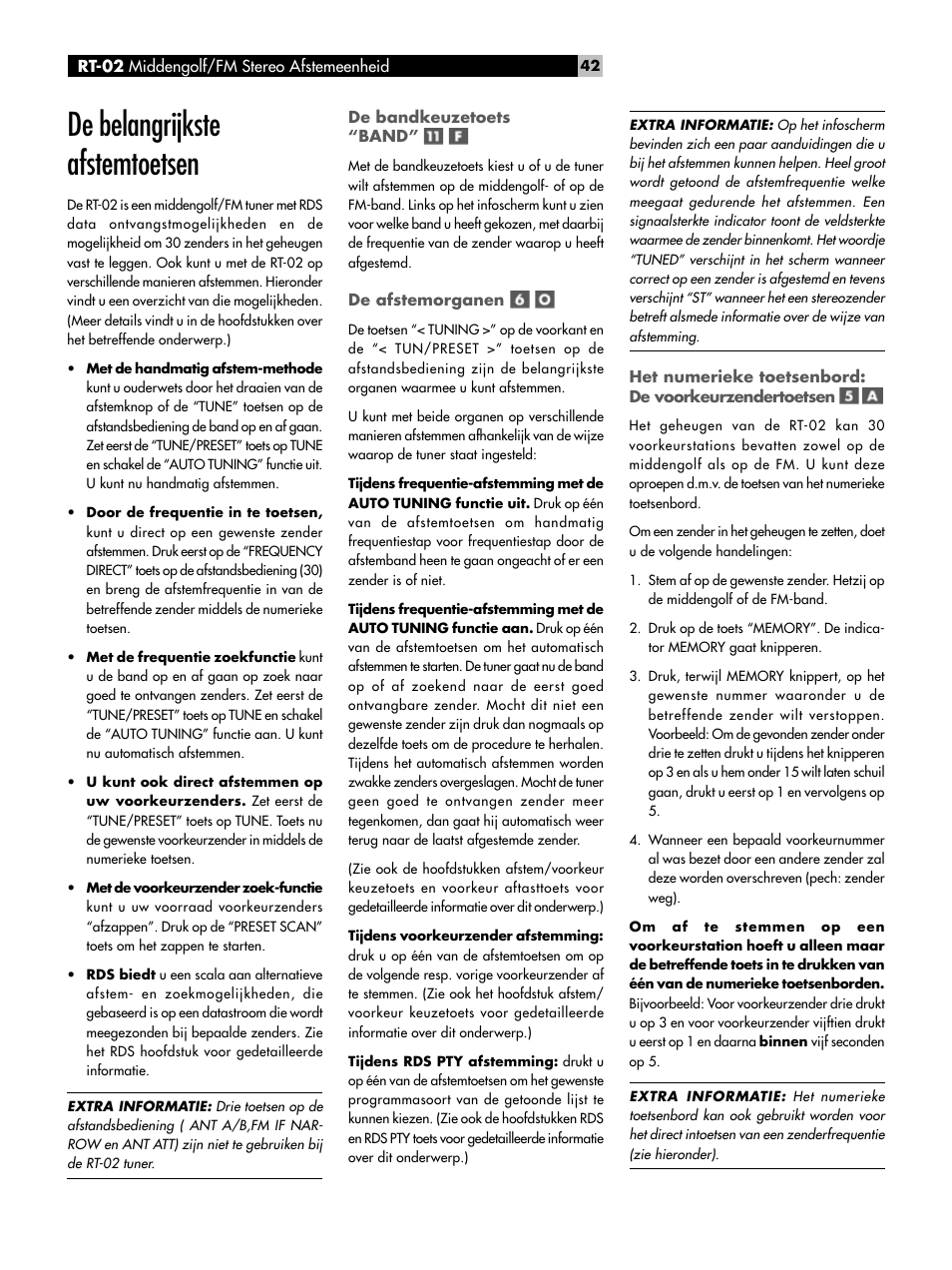 De belangrijkste afstemtoetsen, De bandkeuzetoets “band, De afstemorganen | ROTEL RT-02 User Manual | Page 42 / 54