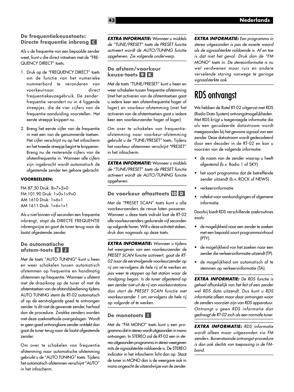 De automatische afstem-toets, De afstem/voorkeur keuze-toets, De voorkeur aftasttoets | De monotoets, Rds ontvangst, Rds ontvangst de infoschermtoets | ROTEL RT-02 User Manual | Page 43 / 54