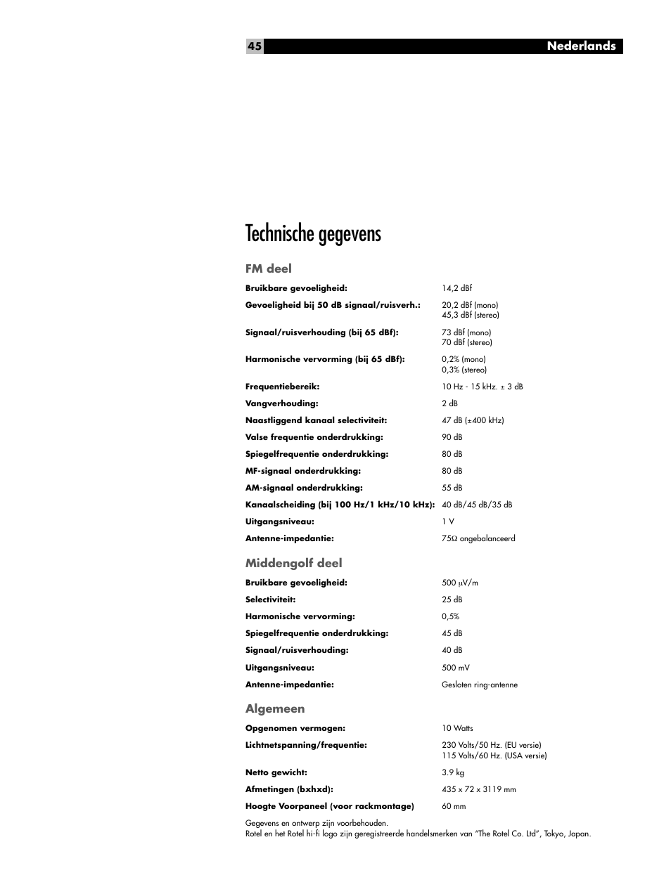 Technische gegevens, Nederlands, Fm deel | Middengolf deel, Algemeen | ROTEL RT-02 User Manual | Page 45 / 54