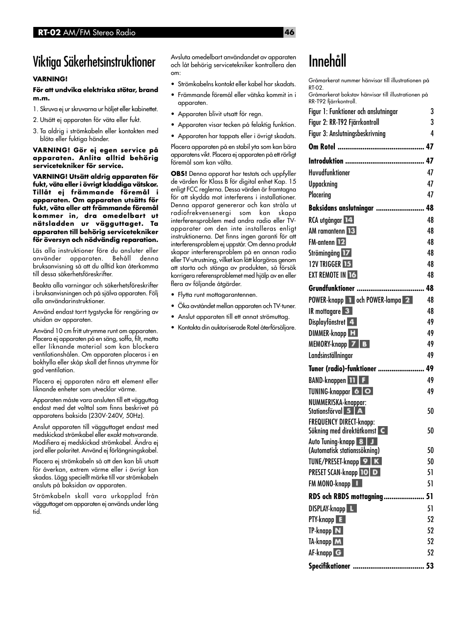 Innehåll, Viktiga säkerhetsinstruktioner | ROTEL RT-02 User Manual | Page 46 / 54
