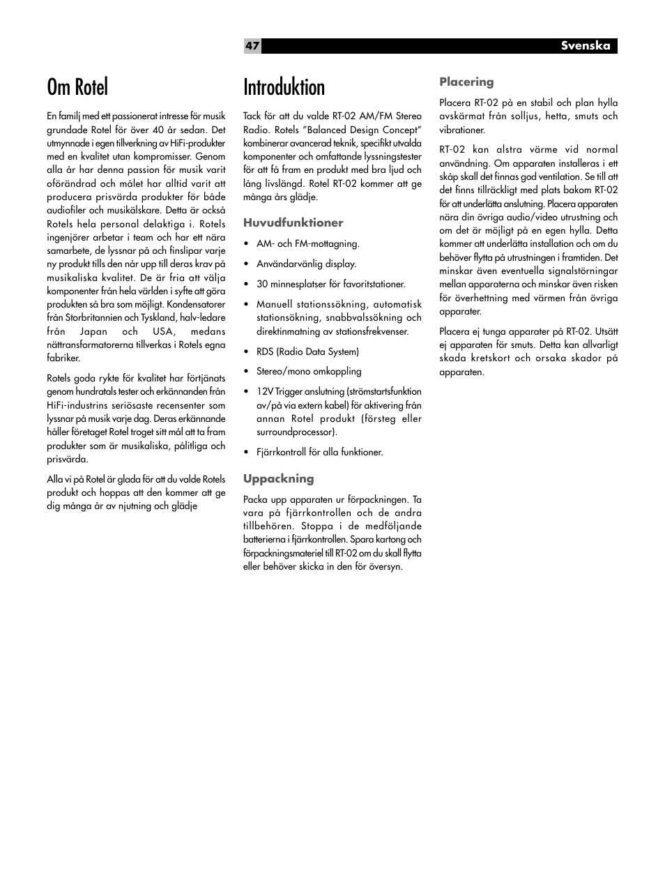 Om rotel, Introduktion, Huvudfunktioner | Uppackning, Placering, Introduktion huvudfunktioner | ROTEL RT-02 User Manual | Page 47 / 54