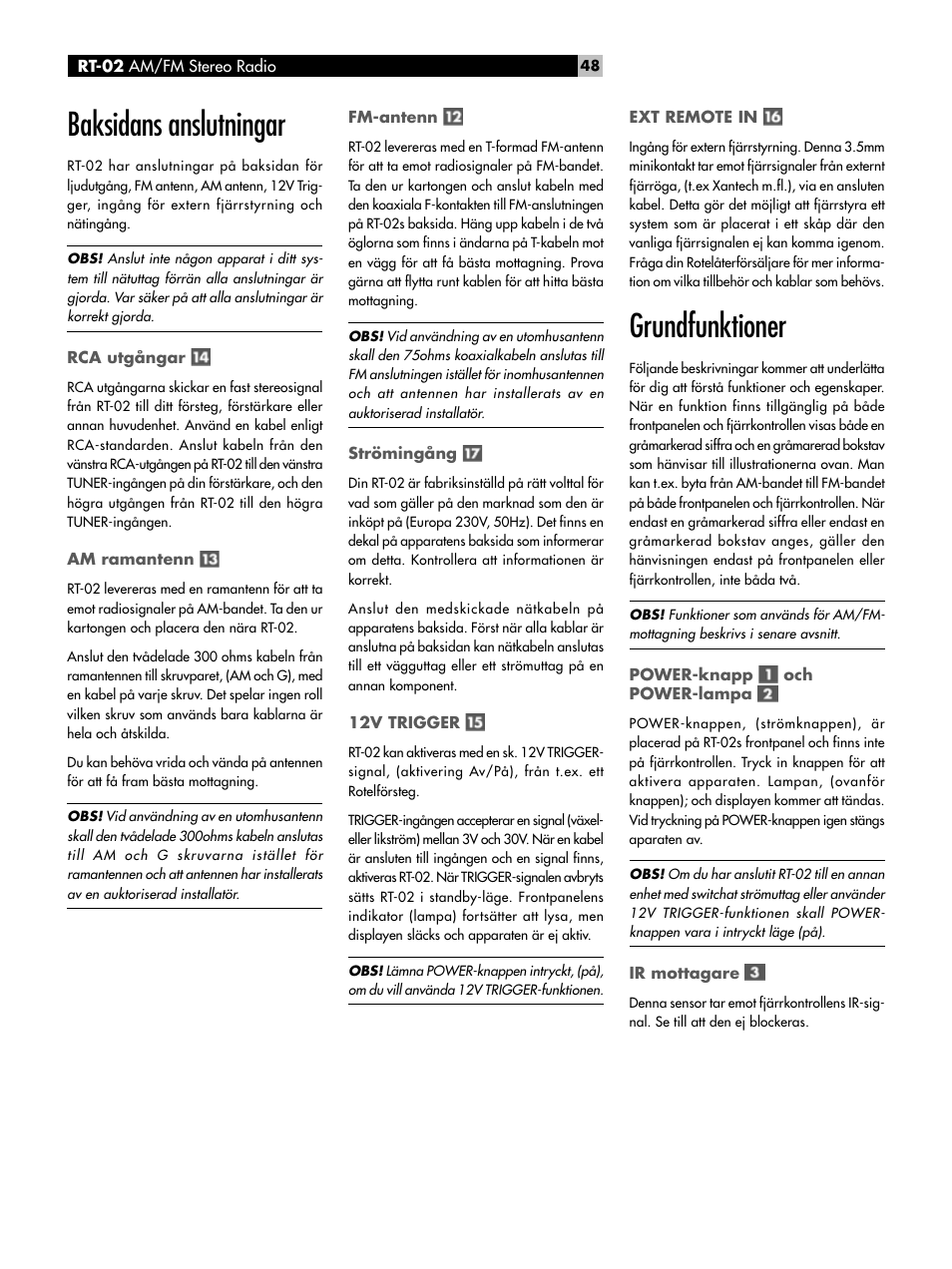 Baksidans anslutningar, Rca utgångar, Am ramantenn | Fm-antenn, Strömingång, 12v trigger, Ext remote in, Grundfunktioner, Power-knapp och power-lampa, Ir mottagare | ROTEL RT-02 User Manual | Page 48 / 54