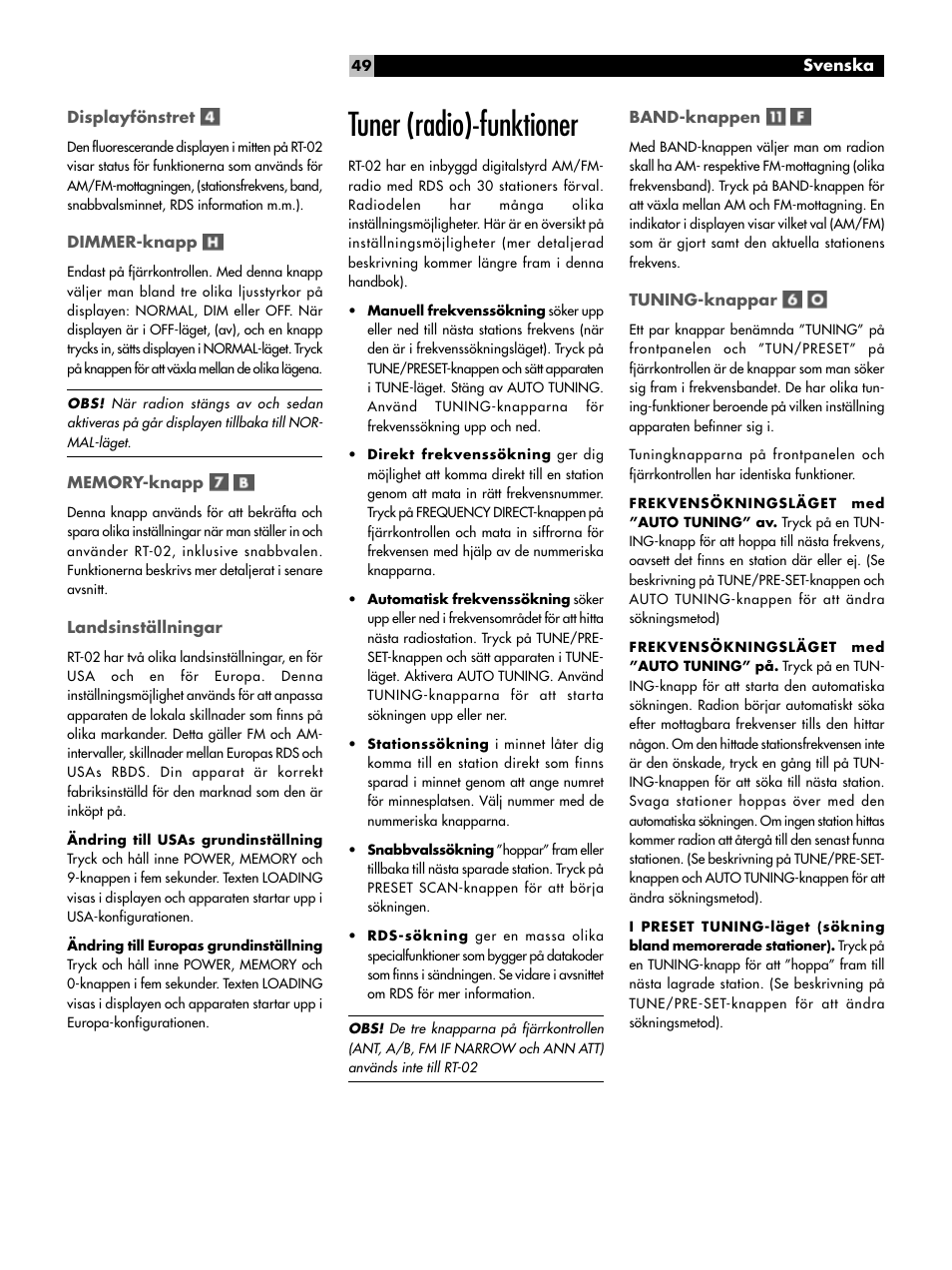 Displayfönstret, Dimmer-knapp, Memory-knapp | Landsinställningar, Tuner (radio)-funktioner, Band-knappen, Tuning-knappar, Tuner (radio)-funktioner band-knappen | ROTEL RT-02 User Manual | Page 49 / 54