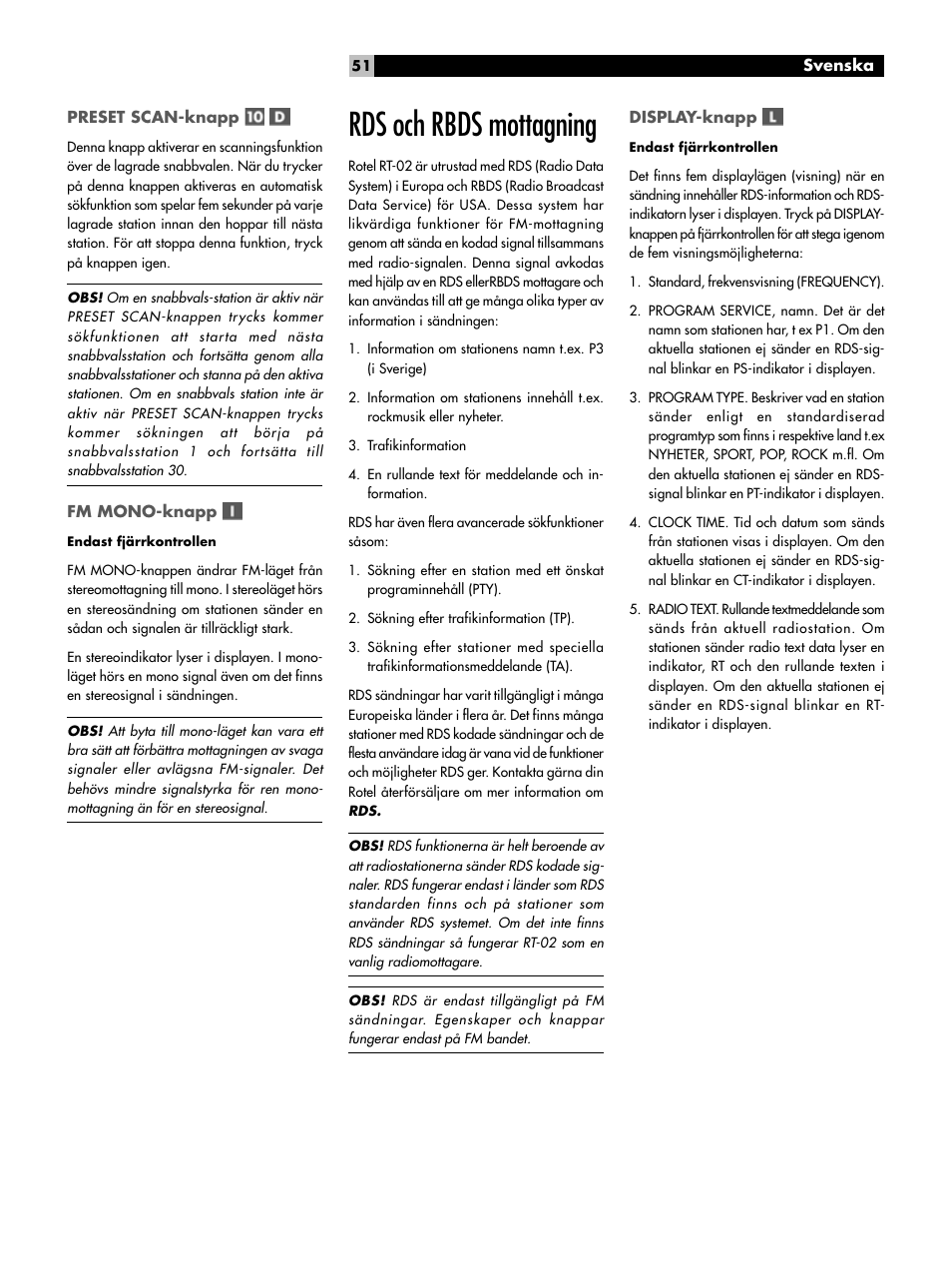 Preset scan-knapp, Fm mono-knapp, Rds och rbds mottagning | Display-knapp, Rds och rbds mottagning display-knapp | ROTEL RT-02 User Manual | Page 51 / 54