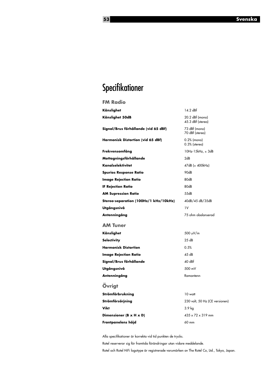 Specifikationer, Fm radio, Am tuner | Övrigt, Svenska | ROTEL RT-02 User Manual | Page 53 / 54