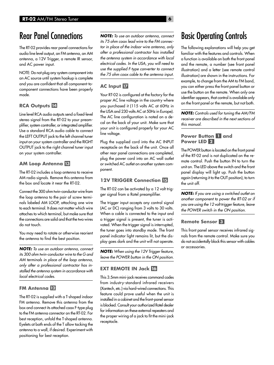 Rear panel connections, Basic operating controls | ROTEL RT-02 User Manual | Page 6 / 54