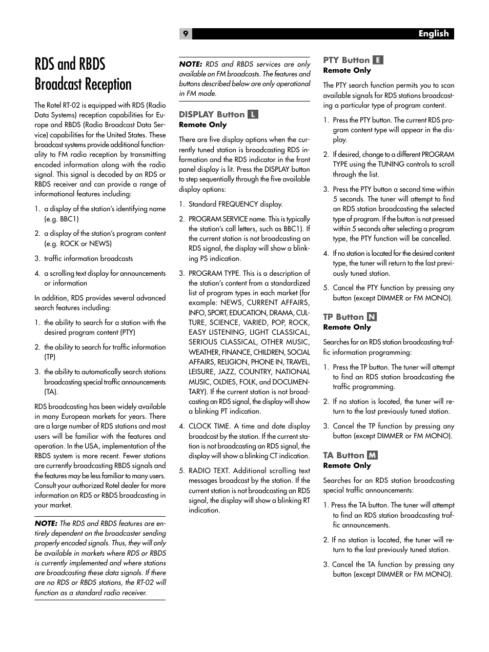 Rds and rbds broadcast reception | ROTEL RT-02 User Manual | Page 9 / 54