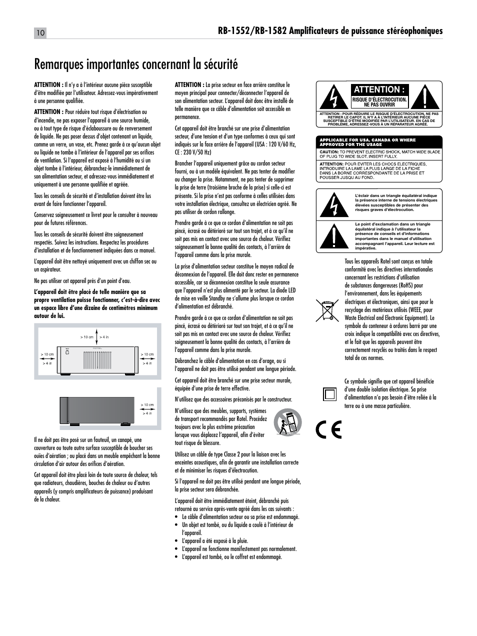 Remarques importantes concernant la sécurité, Attention | ROTEL RB-1582 User Manual | Page 10 / 48