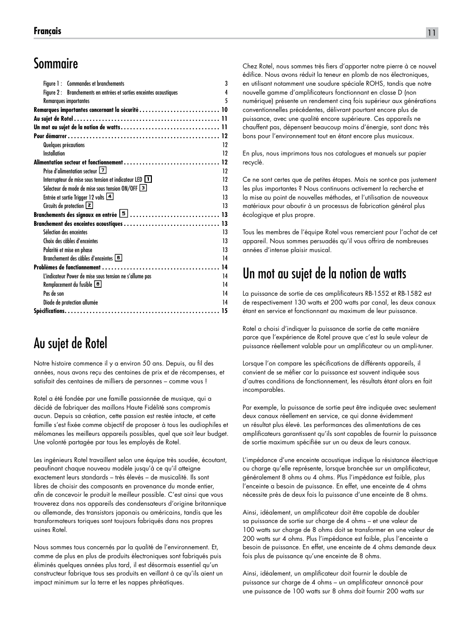 Au sujet de rotel, Un mot au sujet de la notion de watts, Sommaire | Français | ROTEL RB-1582 User Manual | Page 11 / 48