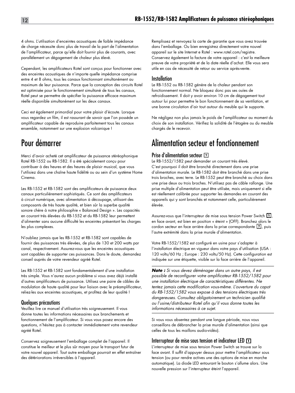 Pour démarrer, Alimentation secteur et fonctionnement, Quelques précautions | Installation, Prise d’alimentation secteur | ROTEL RB-1582 User Manual | Page 12 / 48