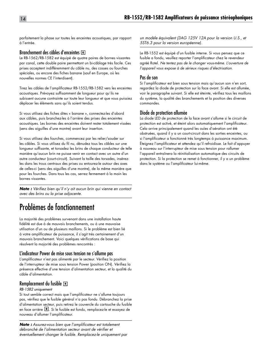 Problèmes de fonctionnement, Pas de son, Diode de protection allumée | Branchement des câbles d’enceintes, Remplacement du fusible | ROTEL RB-1582 User Manual | Page 14 / 48