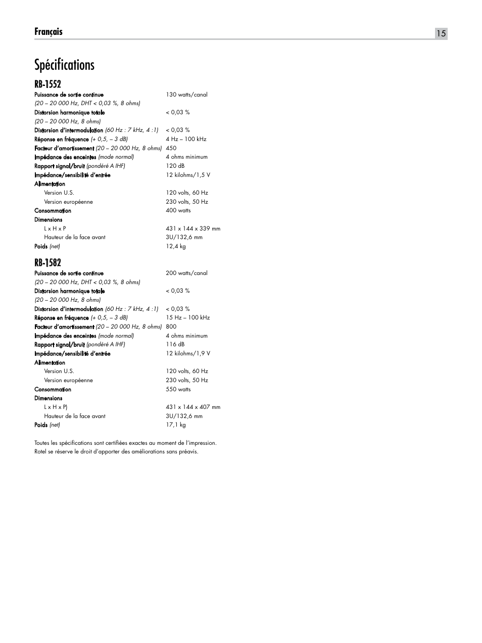 Spécifications, Français, Rb-1552 | Rb-1582 | ROTEL RB-1582 User Manual | Page 15 / 48