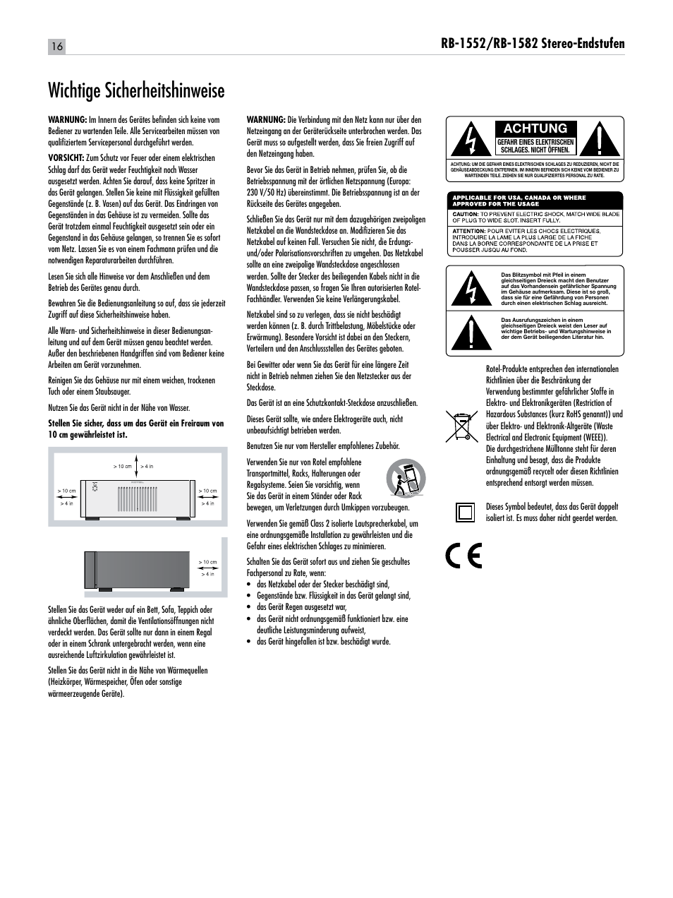 Wichtige sicherheitshinweise, Achtung | ROTEL RB-1582 User Manual | Page 16 / 48