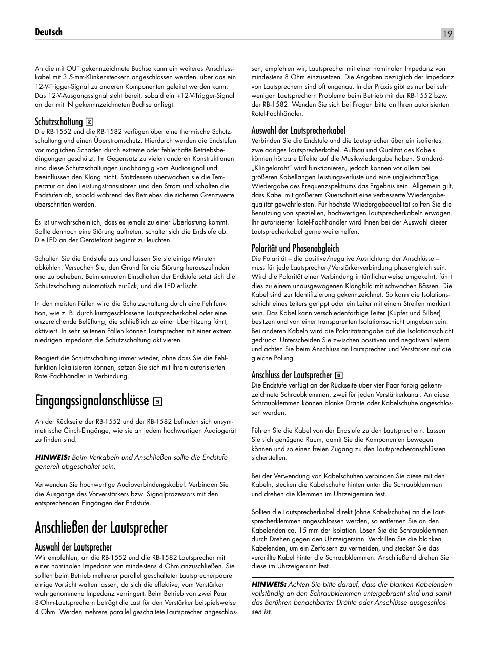 Eingangssignalanschlüsse, Anschließen der lautsprecher | ROTEL RB-1582 User Manual | Page 19 / 48