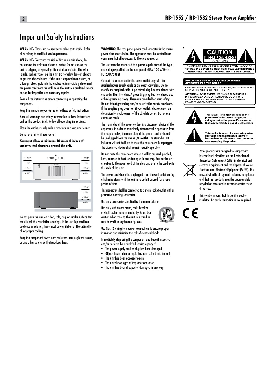 Important safety instructions | ROTEL RB-1582 User Manual | Page 2 / 48