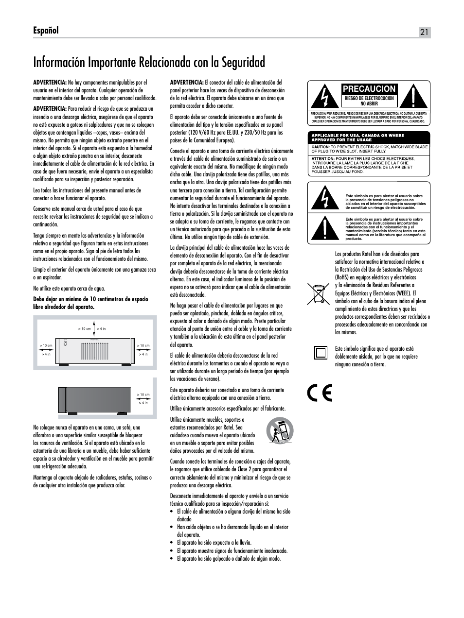 Español, Precaucion | ROTEL RB-1582 User Manual | Page 21 / 48