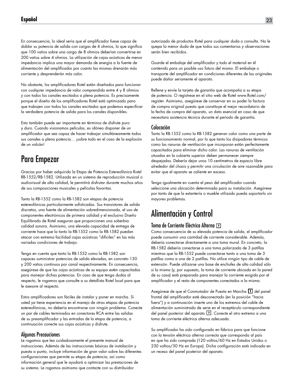 Para empezar, Alimentación y control, Español | Algunas precauciones, Colocación, Toma de corriente eléctrica alterna | ROTEL RB-1582 User Manual | Page 23 / 48
