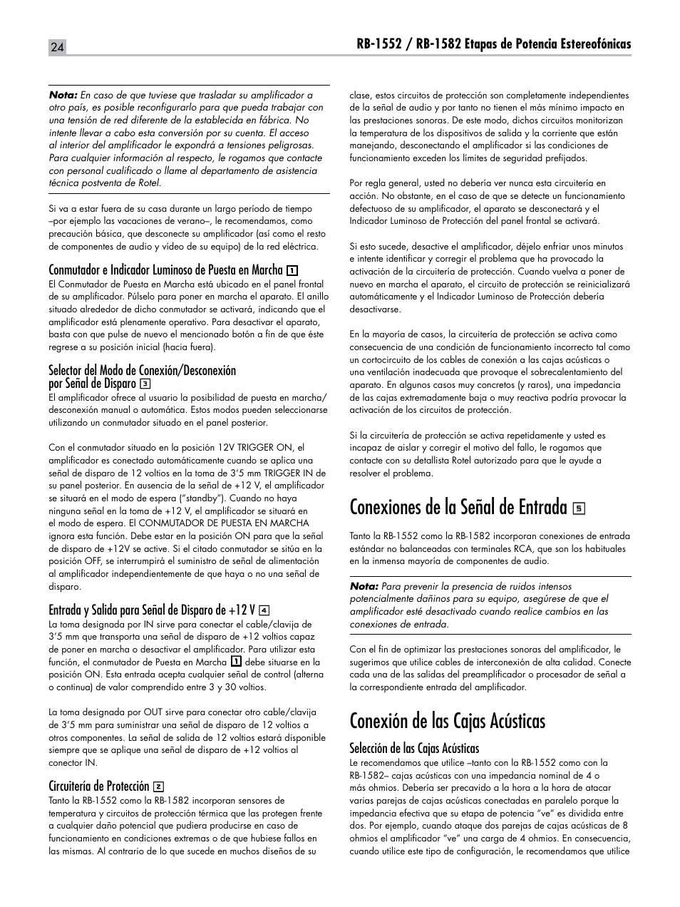 Conexiones de la señal de entrada, Conexión de las cajas acústicas, Entrada y salida para señal de disparo de +12 v | Circuitería de protección, Selección de las cajas acústicas | ROTEL RB-1582 User Manual | Page 24 / 48