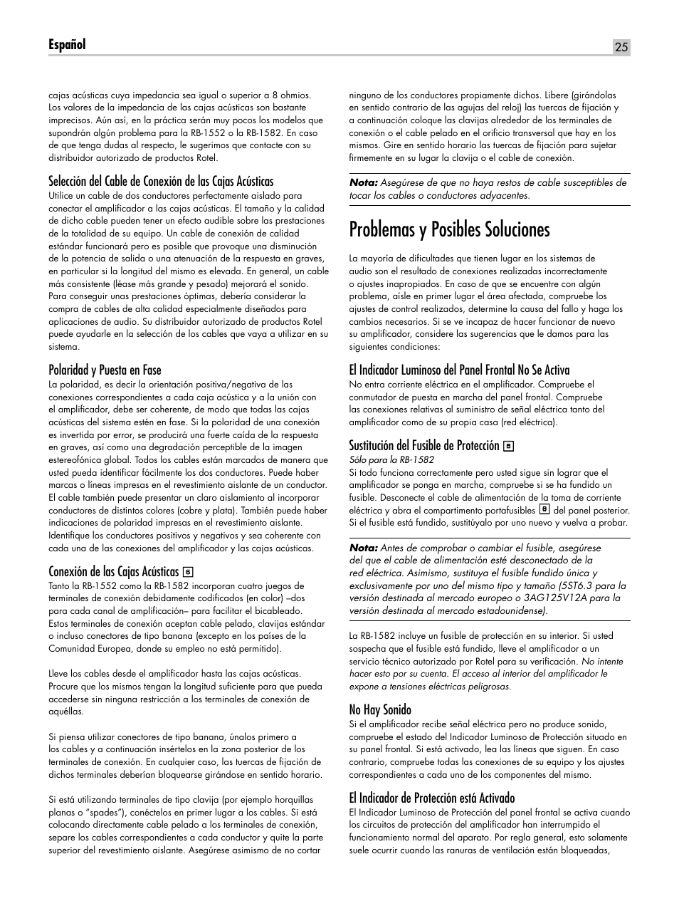 Problemas y posibles soluciones, Español, Sustitución del fusible de protección | No hay sonido, El indicador de protección está activado, Polaridad y puesta en fase, Conexión de las cajas acústicas | ROTEL RB-1582 User Manual | Page 25 / 48