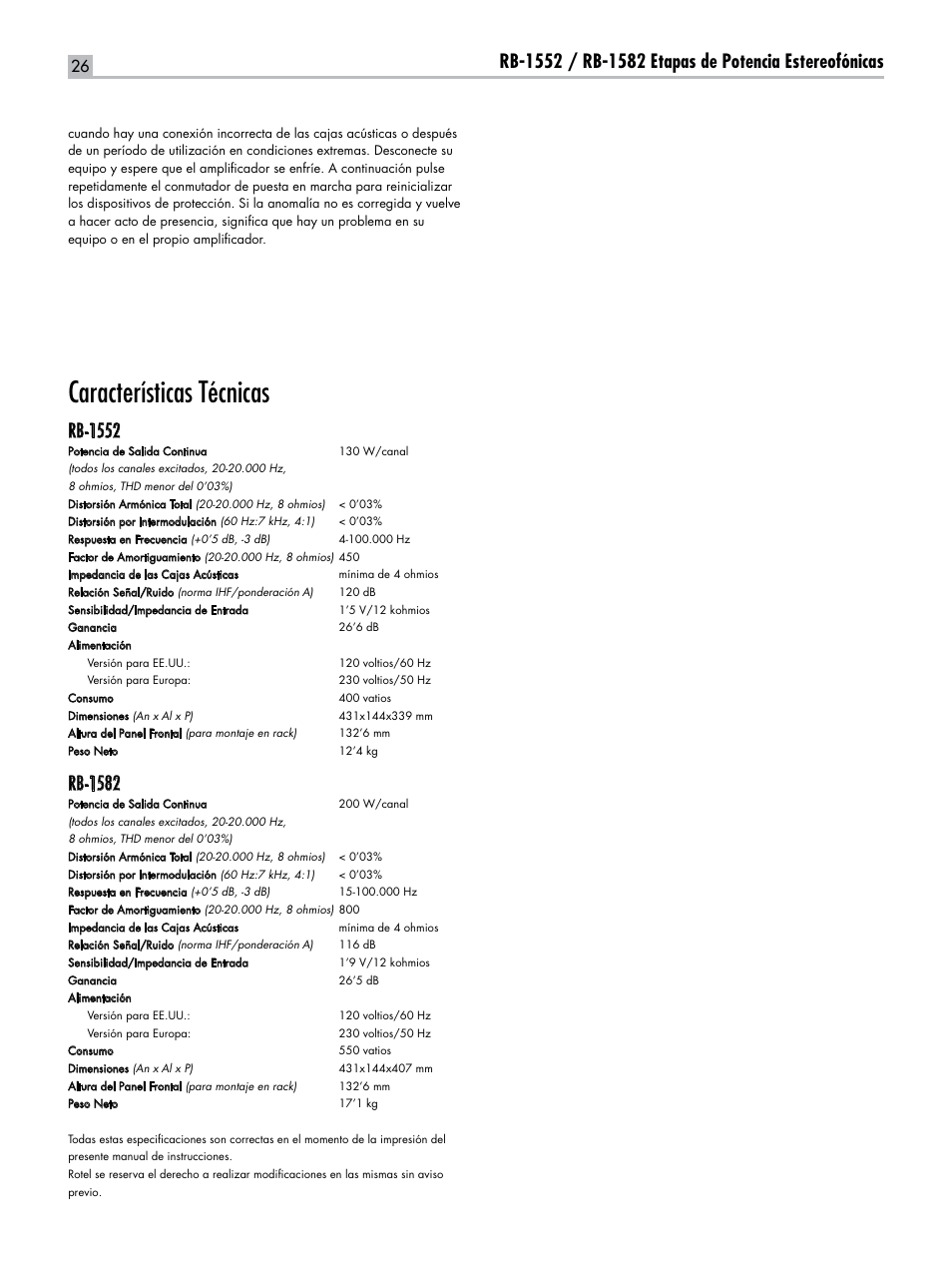 Características técnicas, Rb-1552, Rb-1582 | ROTEL RB-1582 User Manual | Page 26 / 48