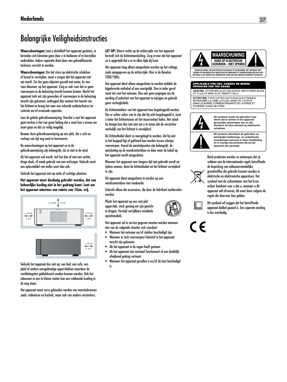 Belangrijke veiligheidsinstructies, Nederlands, Waarschuwing | ROTEL RB-1582 User Manual | Page 27 / 48