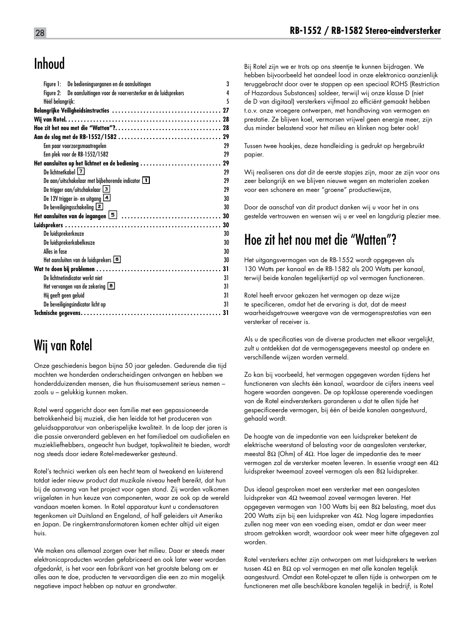 Wij van rotel, Hoe zit het nou met die “watten, Inhoud | ROTEL RB-1582 User Manual | Page 28 / 48