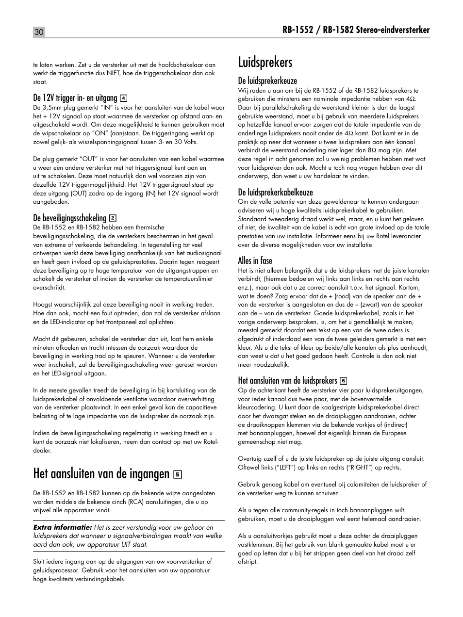 Het aansluiten van de ingangen, Luidsprekers | ROTEL RB-1582 User Manual | Page 30 / 48