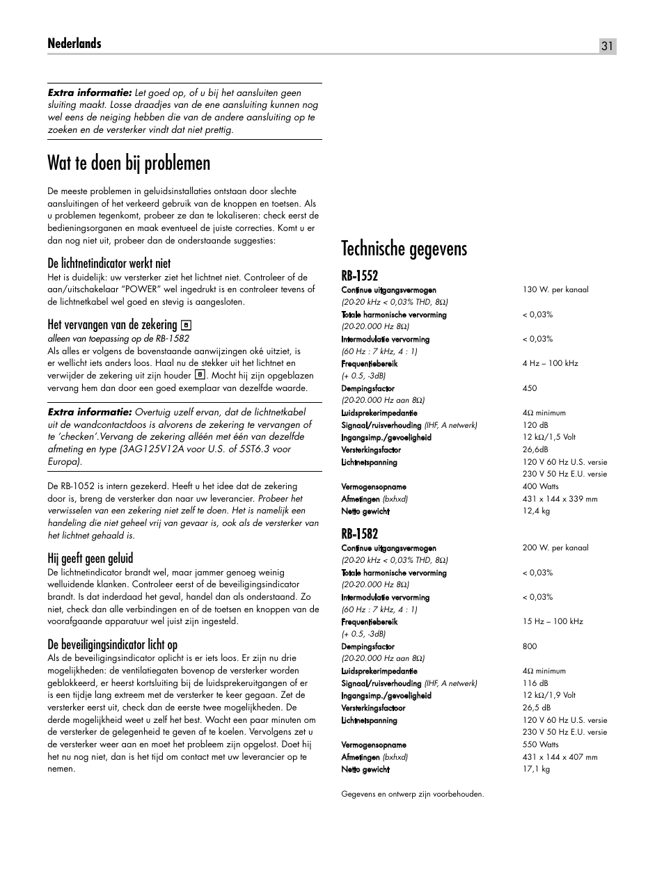 Wat te doen bij problemen, Technische gegevens, Nederlands | De lichtnetindicator werkt niet, Het vervangen van de zekering, Hij geeft geen geluid, De beveiligingsindicator licht op, Rb-1552, Rb-1582 | ROTEL RB-1582 User Manual | Page 31 / 48