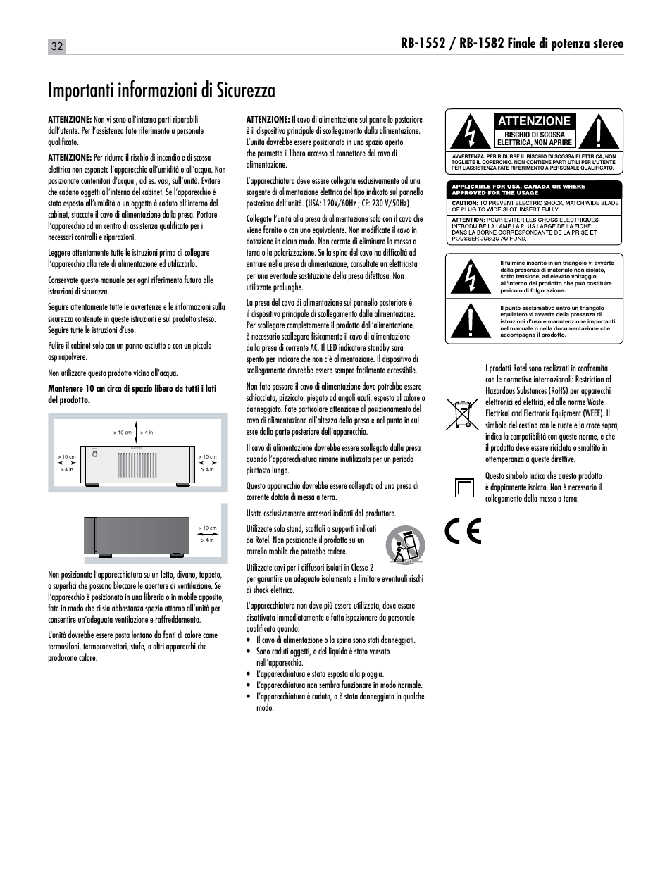 Importanti informazioni di sicurezza, Attenzione | ROTEL RB-1582 User Manual | Page 32 / 48
