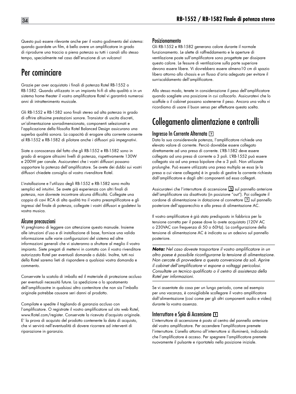 Per cominciare, Collegamento alimentazione e controlli, Alcune precauzioni | Posizionamento, Ingresso in corrente alternata, Interruttore e spia di accensione | ROTEL RB-1582 User Manual | Page 34 / 48