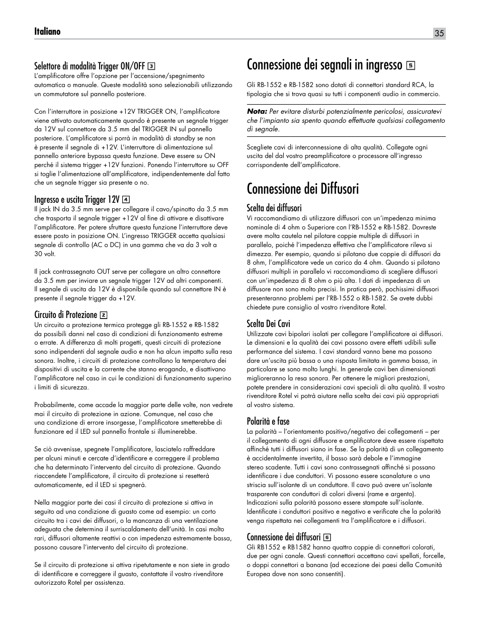 Connessione dei segnali in ingresso, Connessione dei diffusori | ROTEL RB-1582 User Manual | Page 35 / 48