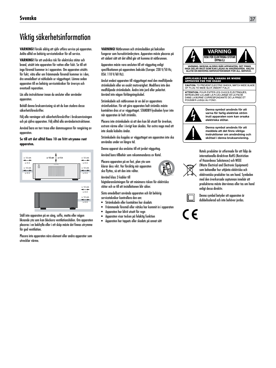 Viktig säkerhetsinformation, Svenska, Varning | ROTEL RB-1582 User Manual | Page 37 / 48