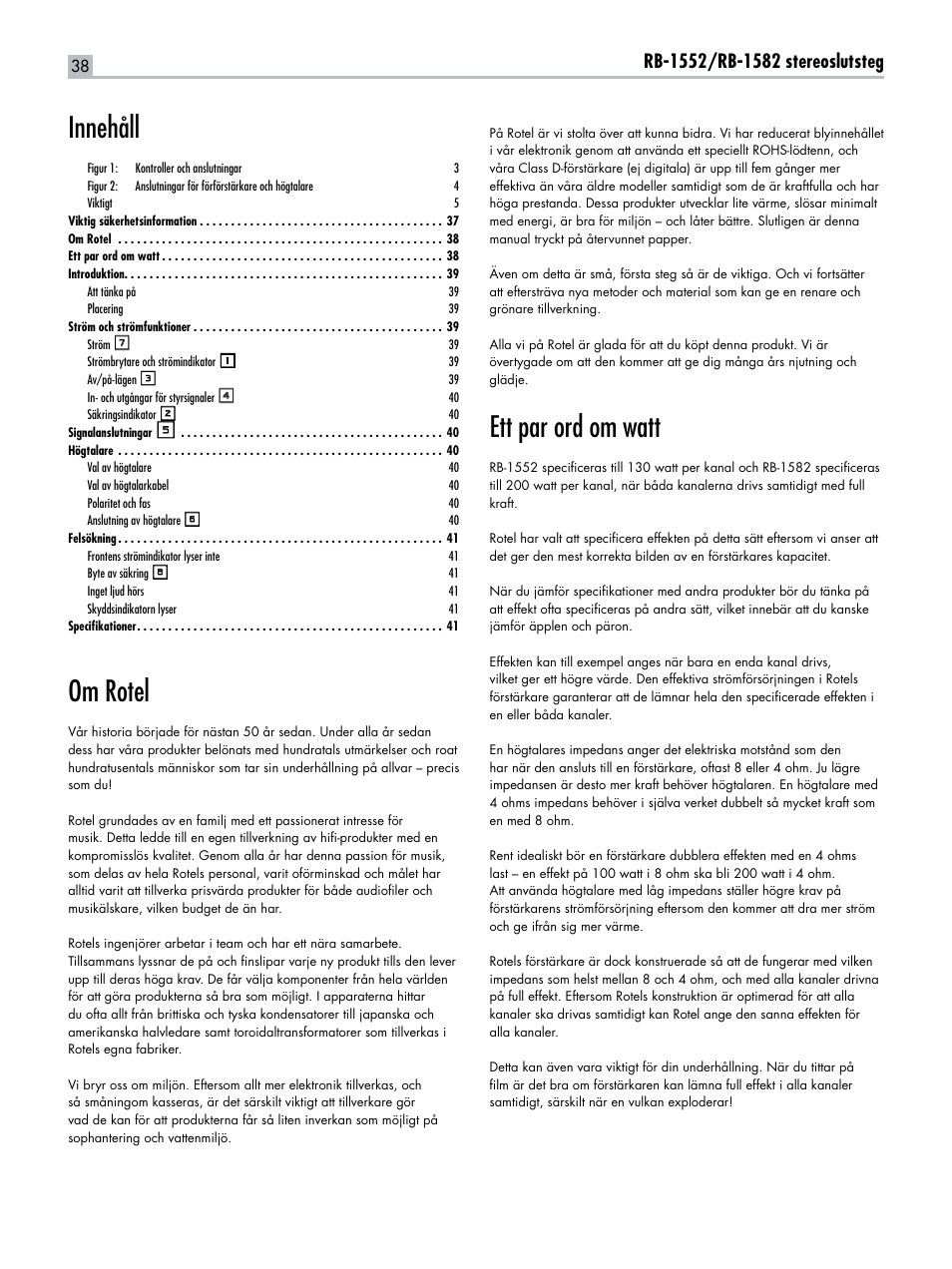 Om rotel, Ett par ord om watt, Innehåll | ROTEL RB-1582 User Manual | Page 38 / 48