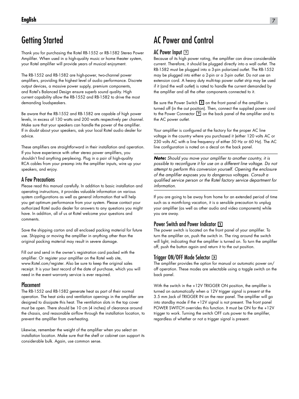 Getting started, Ac power and control, English | A few precautions, Placement, Ac power input, Power switch and power indicator, Trigger on/off mode selector | ROTEL RB-1582 User Manual | Page 7 / 48