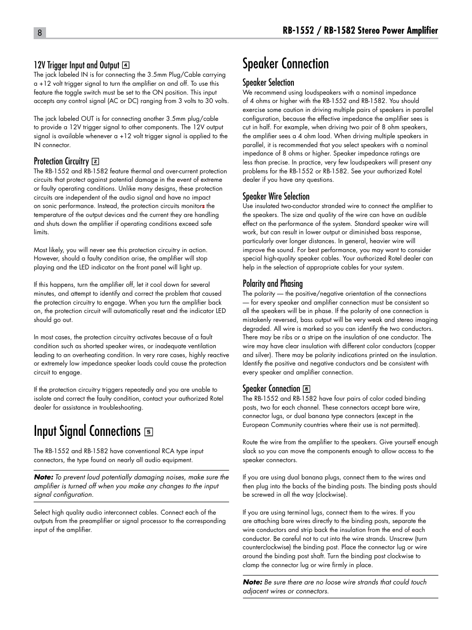Input signal connections, Speaker connection | ROTEL RB-1582 User Manual | Page 8 / 48