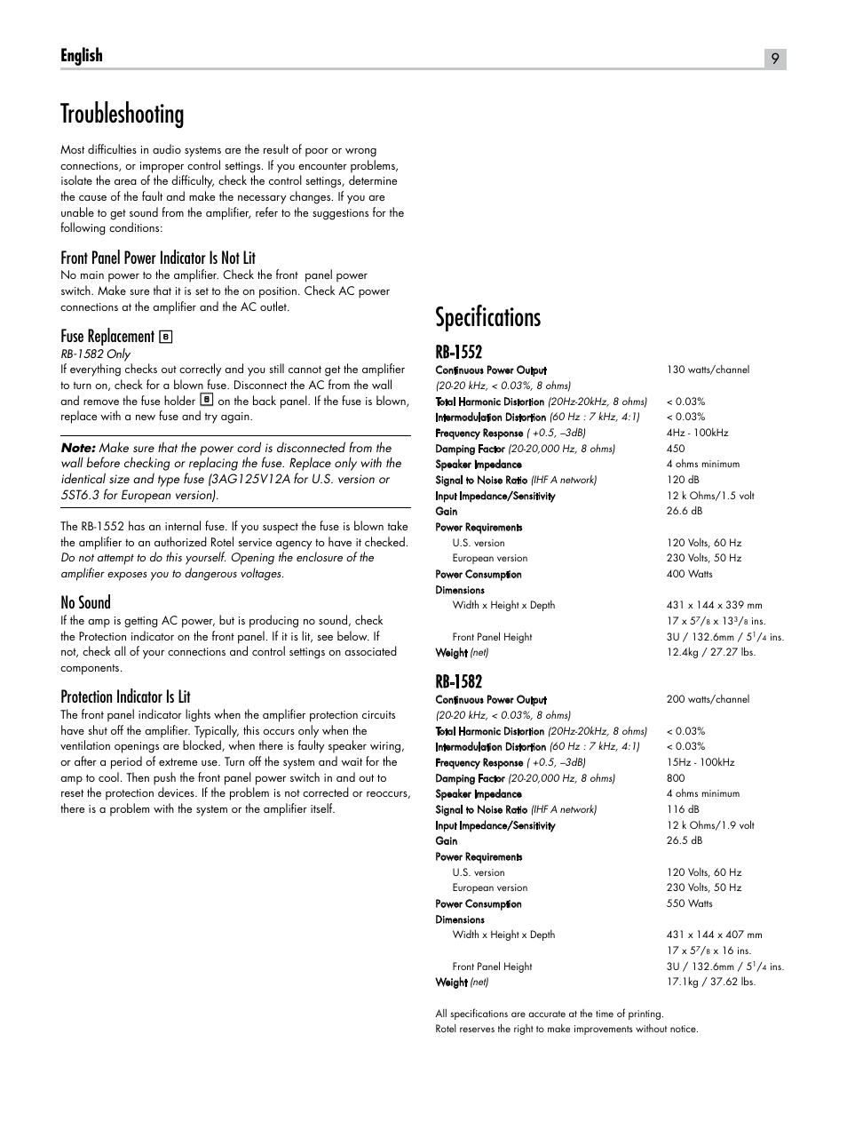 Troubleshooting, Specifications, English | Front panel power indicator is not lit, Fuse replacement, No sound, Protection indicator is lit, Rb-1552, Rb-1582 | ROTEL RB-1582 User Manual | Page 9 / 48