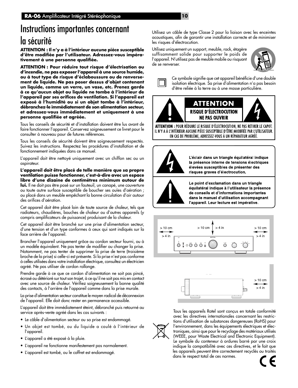 Instructions importantes concernant la sécurité | ROTEL RA-06 User Manual | Page 10 / 56