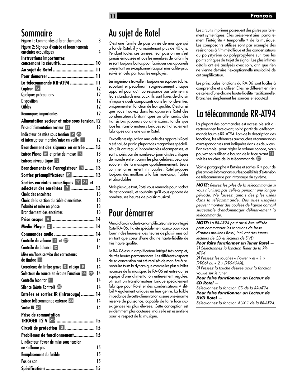 Au sujet de rotel, Pour démarrer, La télécommande rr-at94 | Sommaire | ROTEL RA-06 User Manual | Page 11 / 56