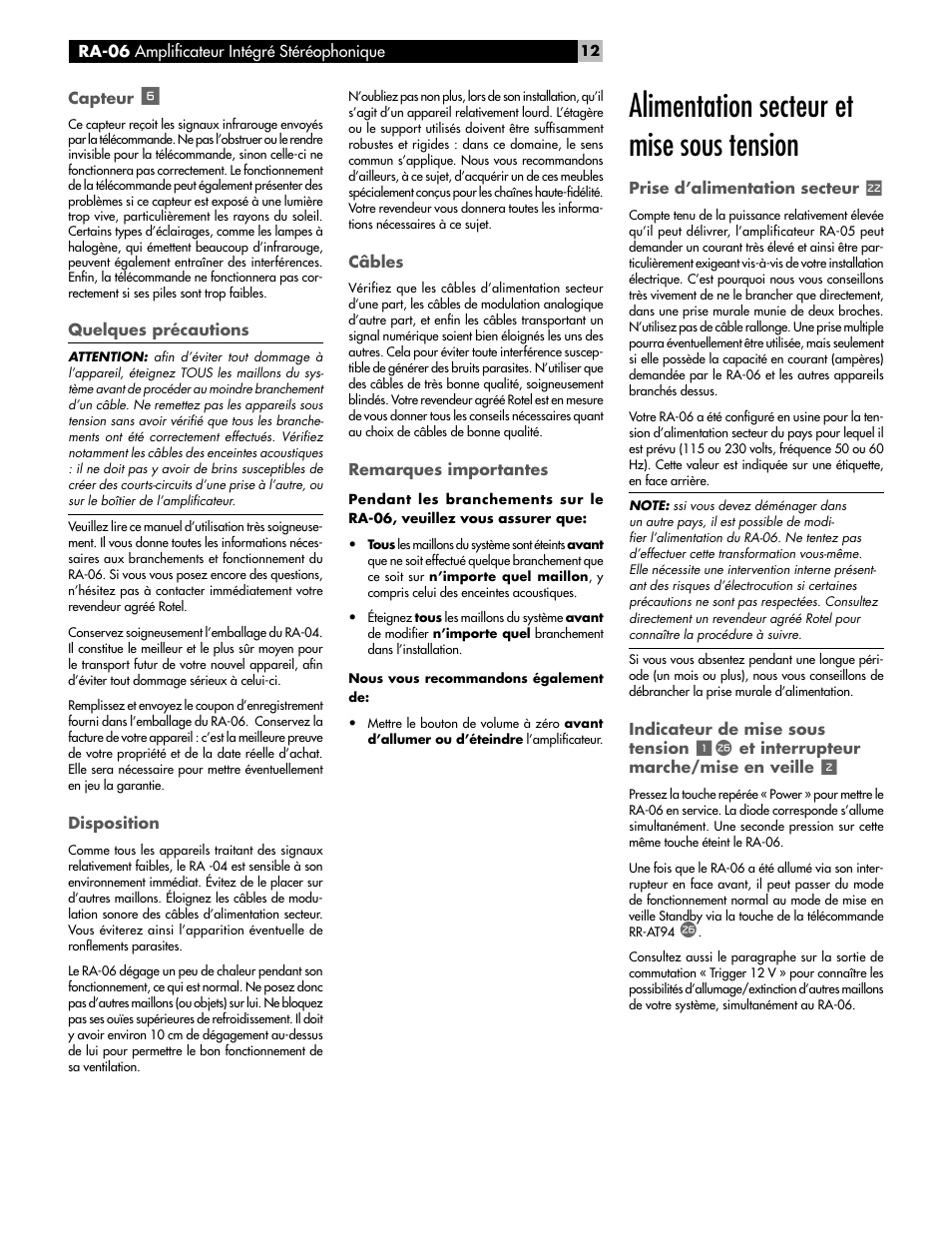 Alimentation secteur et mise sous tension | ROTEL RA-06 User Manual | Page 12 / 56