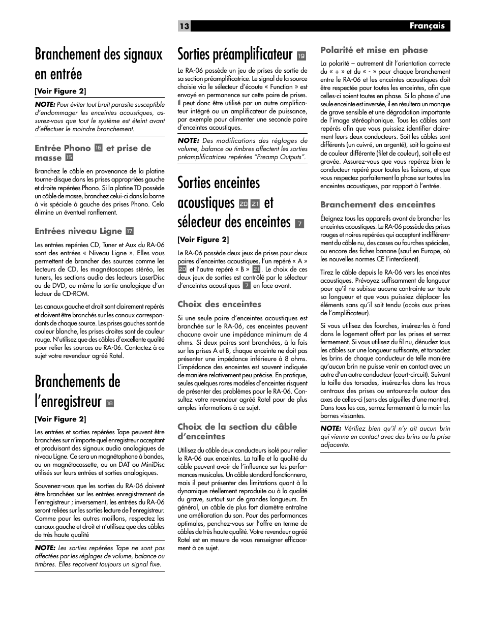 Branchement des signaux en entrée, Branchements de l’enregistreur, Sorties préamplifi cateur | Sorties enceintes acoustiques, Et sélecteur des enceintes | ROTEL RA-06 User Manual | Page 13 / 56