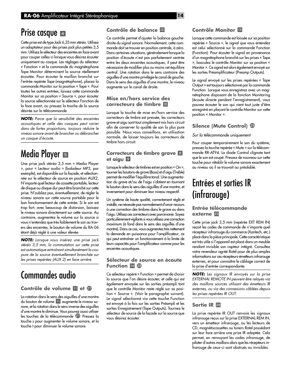 Prise casque, Media player, Commandes audio | Entrées et sorties ir (infrarouge) | ROTEL RA-06 User Manual | Page 14 / 56